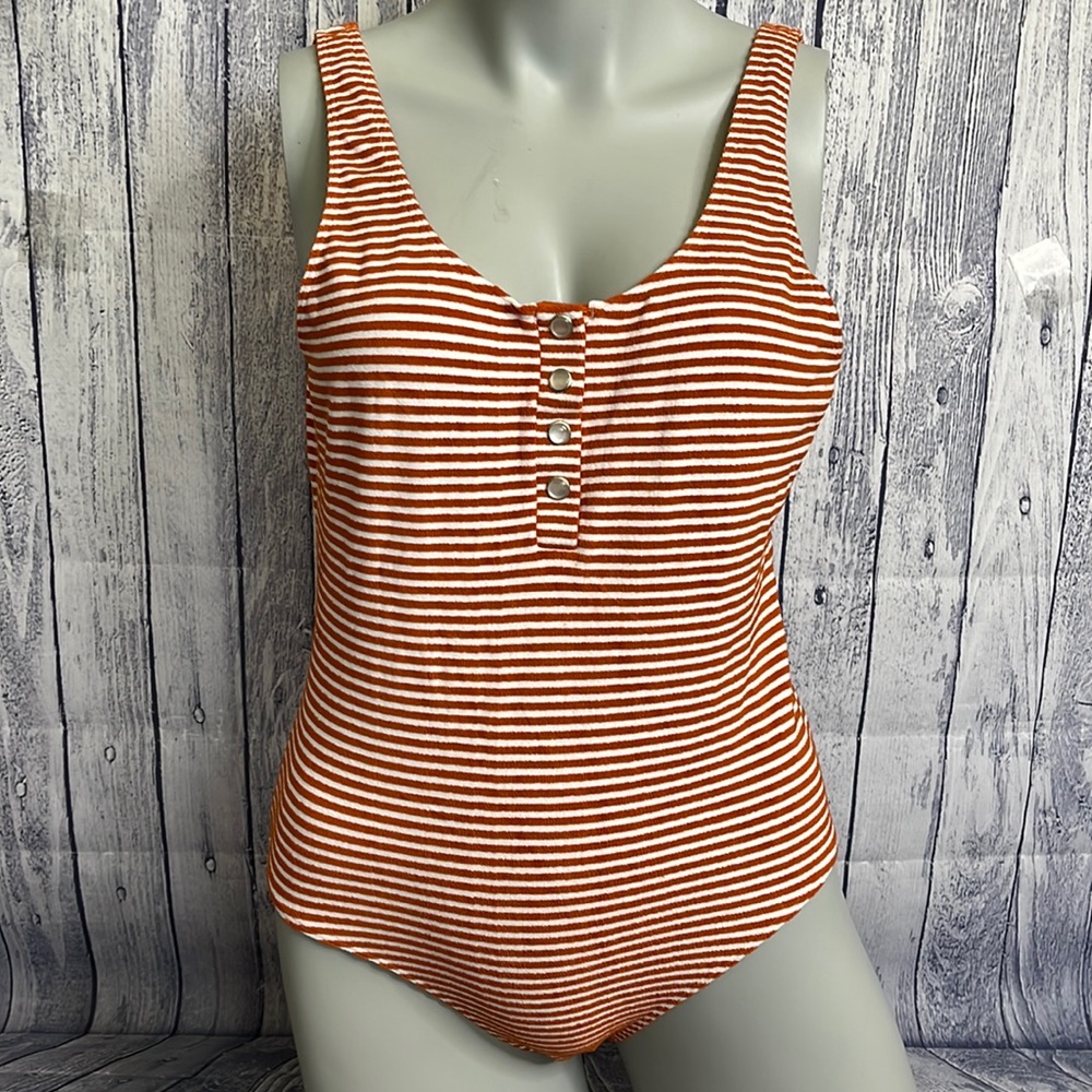 Albertine Ochre/White Stripe Terry Ribbed Button Down One Piece Swimsuit, XL